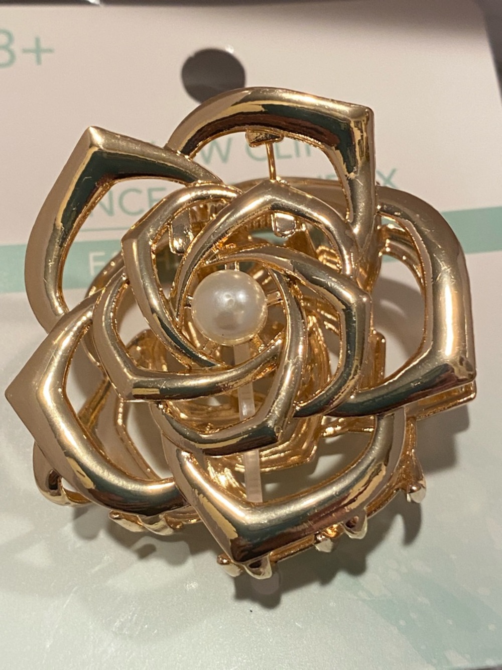 Gold Floral Metal Rose Claw Clip with Pearl Accent